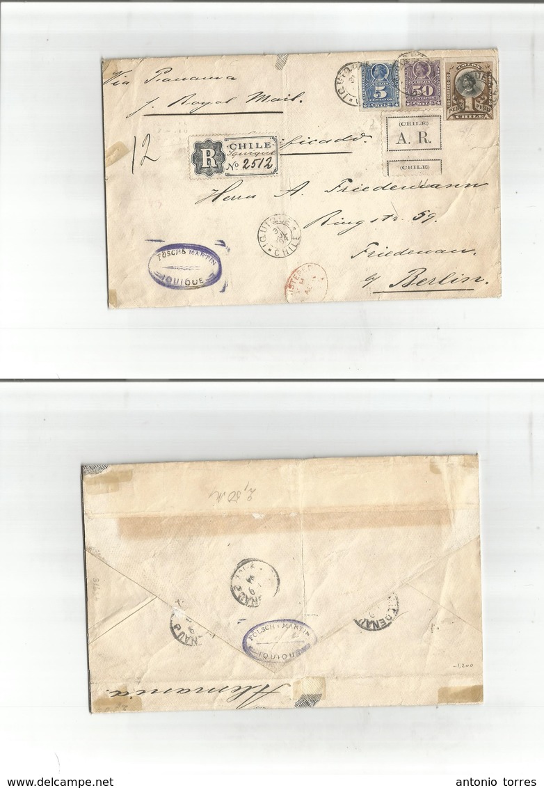 Chile. 1894 (31 July) Iquique - Germany, Berlin. Registered AR Multifkd Envelope Included The Rare 1 Peso (xxx) And 50c. - Chili