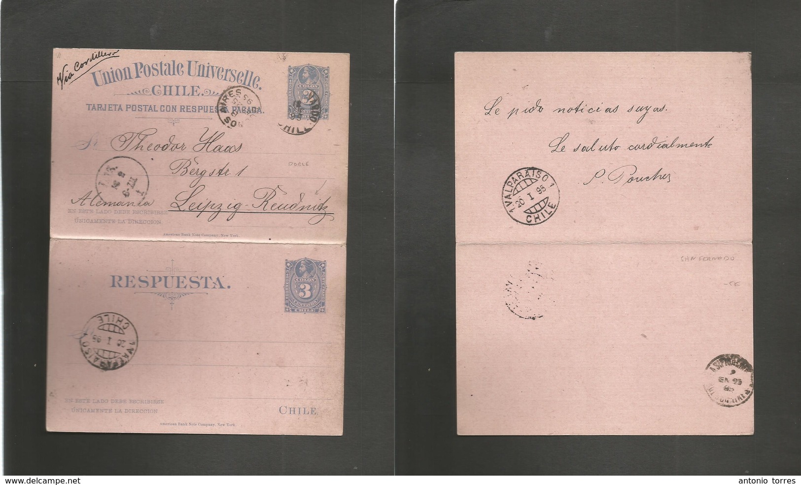 Chile - Stationery. 1895 (15 Jan) San Bernardo - Germany, Leipzig (16 Febr) Doble 3c Blue / Pinkish Stat Card. Used On W - Chili