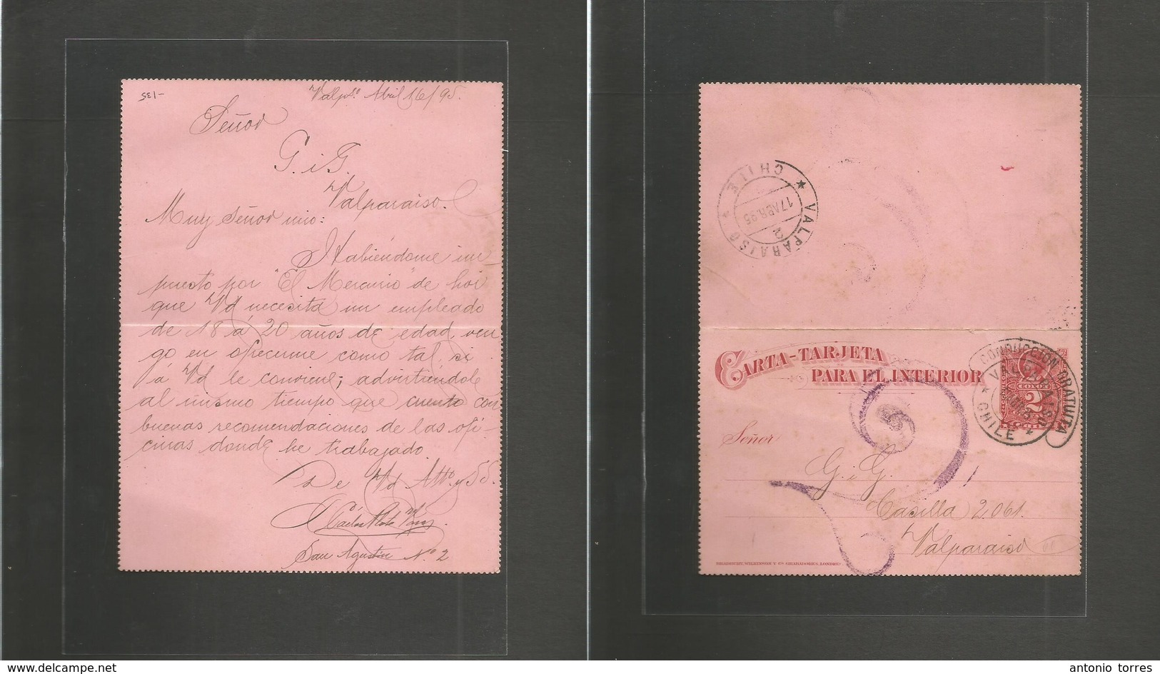 Chile - Stationery. 1895 (16-17 April) Valp Local Stat Lettersheet 2c Red Oval Ring "conduccion Gratuita" + "2" Charge C - Chili