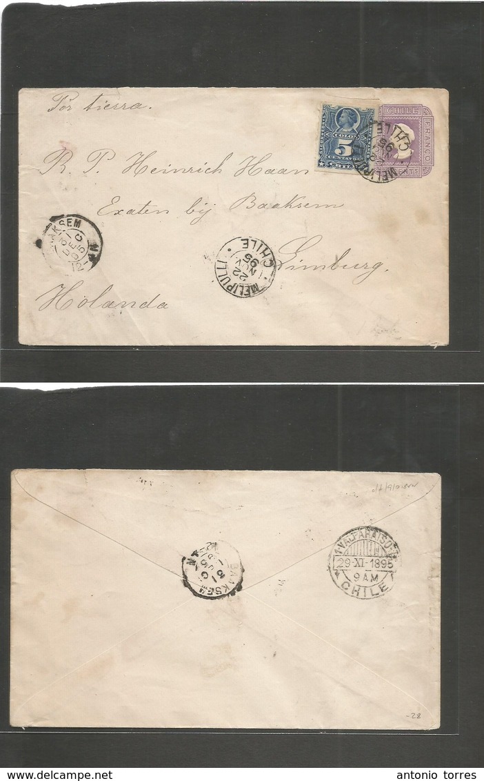 Chile - Stationery. 1895 (22 Nov) Melipulli - Netherland, Limberg (31 Dec) 5c Lilac Stat Envelope Paper Lines At 345º. E - Chili