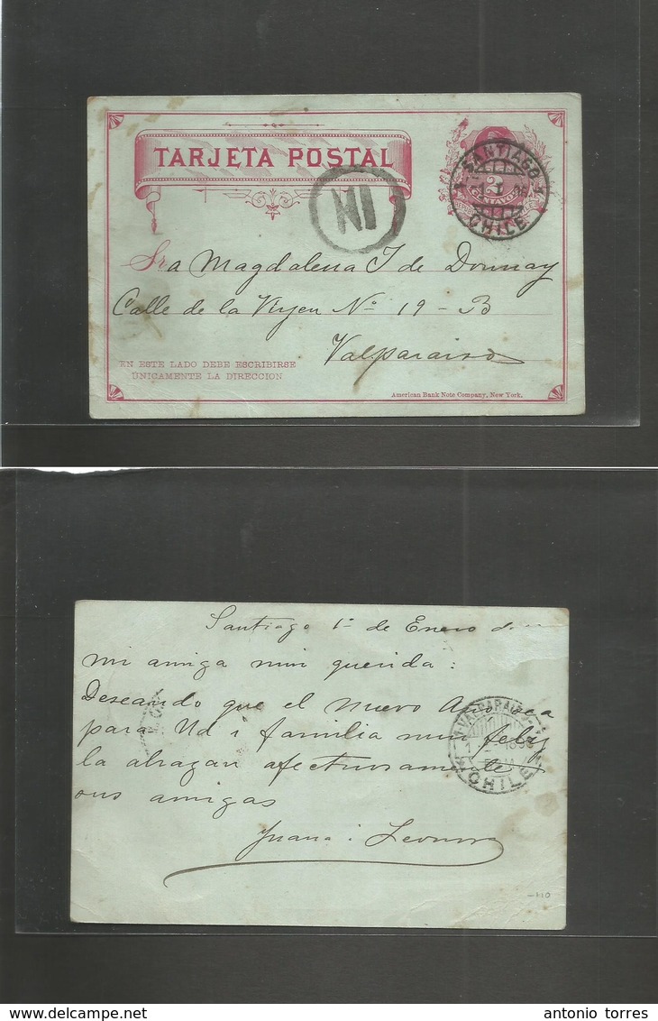 Chile - Stationery. 1896 (1 Jan) Santiago - Valp (1 Jan) 2c Red / Greenish Stat Card, Cds + "NI" Special Ring Cachet (xx - Chili