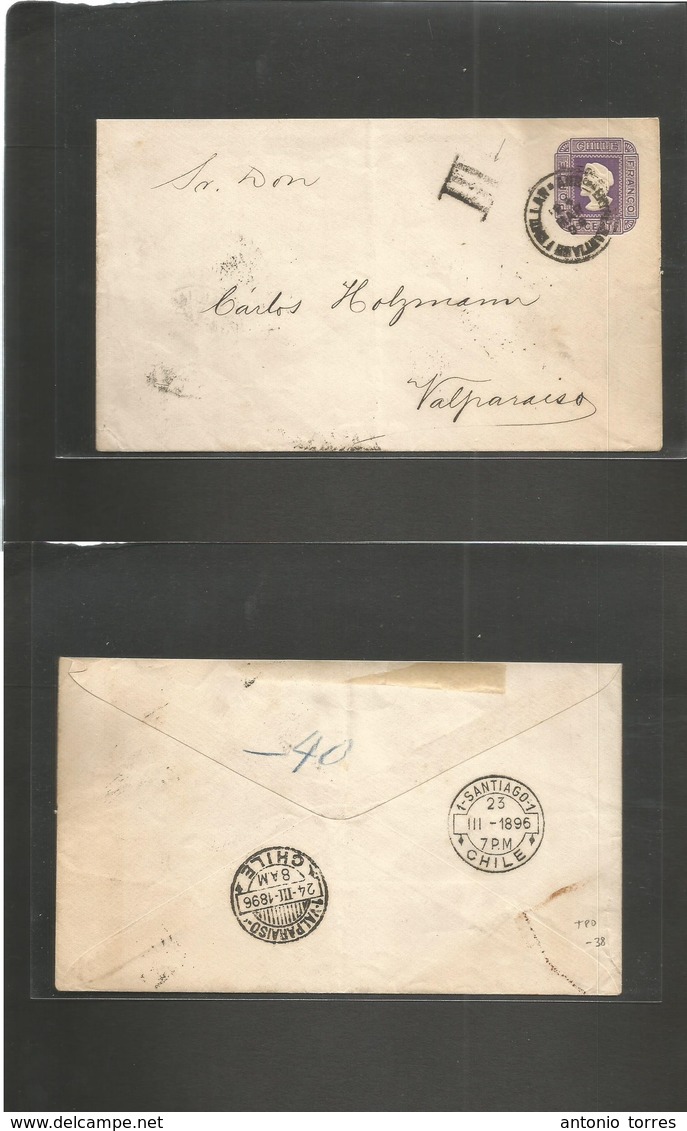 Chile - Stationery. 1896 (19 March) TPO. Santiago - Millan - Valparaiso 5c Intense Lilac / Cream Paper Stat Env. Triple  - Chili