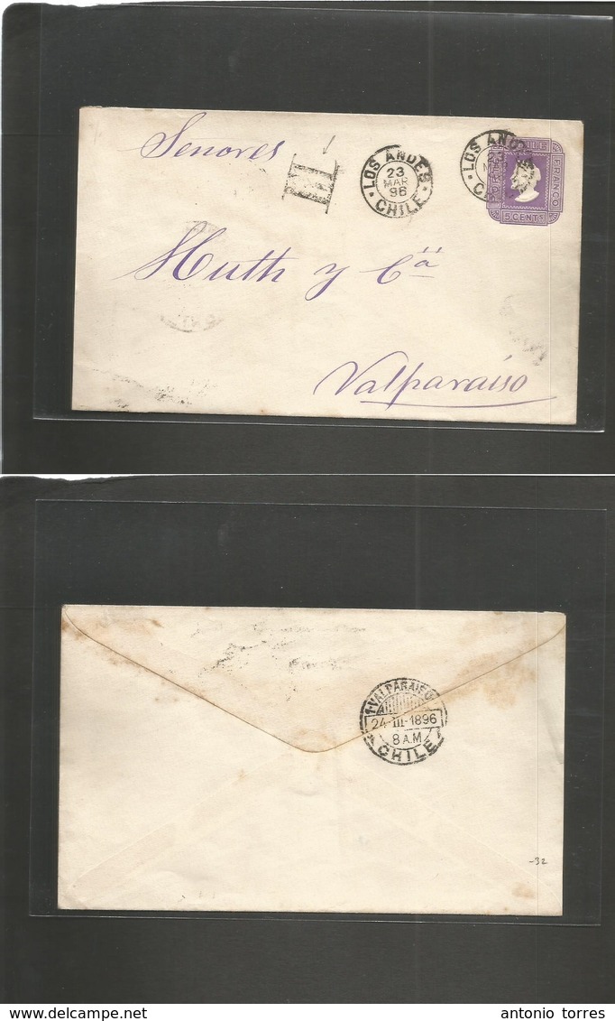 Chile - Stationery. 1896 (23 March) Los Andes - Valparaiso (24 March) Postal District "III" 5c Lilac / Cream Stat Env. F - Chile