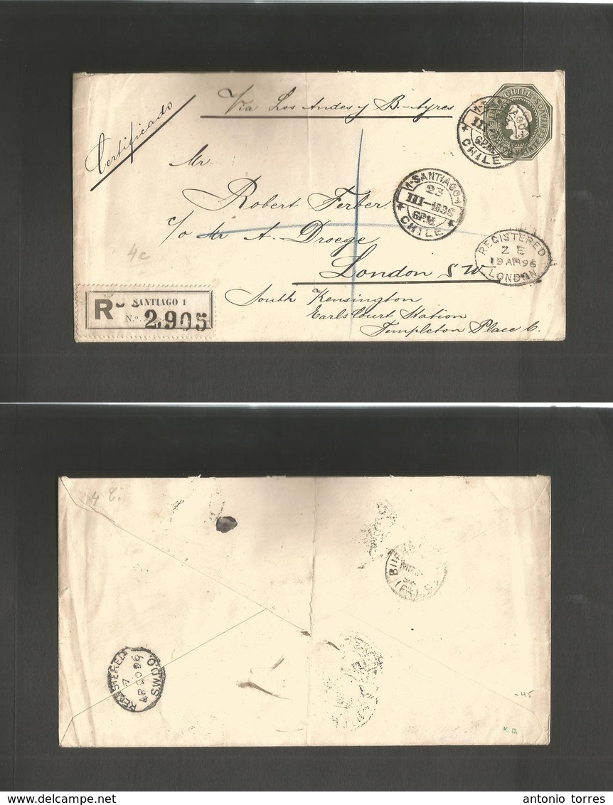Chile - Stationery. 1896 (23 March) Santiago - London, UK (19 April) Registered 20c Dark Green Stat Env + R-label. Via A - Chili