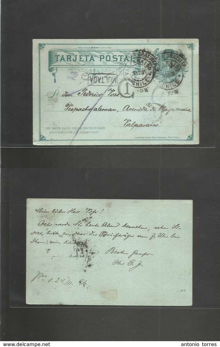 Chile - Stationery. 1896 (24 Nov) Valp Local Usage. 1c Green Stat Card "conduccion Gratuita" Cachet "MULTADA" Box (xxx)  - Chili