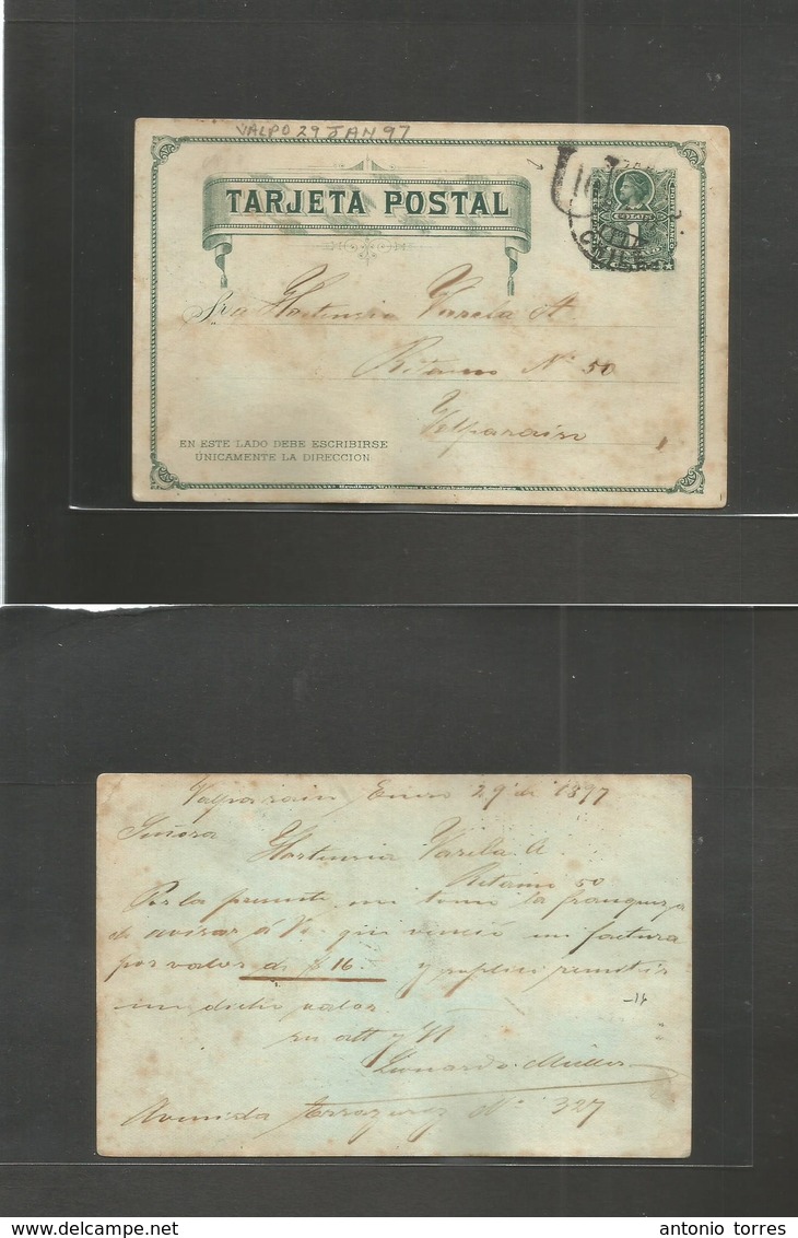 Chile - Stationery. 1897 (29 Jan) Valp Local Print 1c Green Stat Card. The Scarce "wash Plate Style" Diff Plate Print Lo - Chili