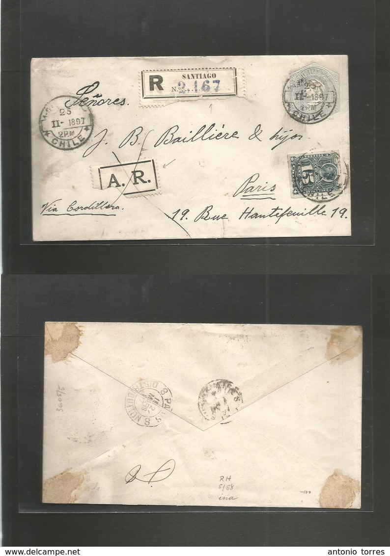 Chile - Stationery. 1897 (25 Febr) Santiago - France, Paris (27 March) Registered AR 10c Grey / White Stat Env + 15c Gre - Chili