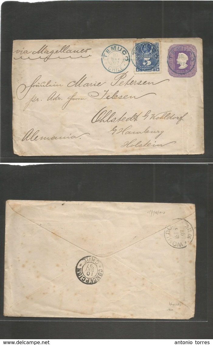 Chile. 1897 (10 May) Temuco - Germany, Hamburg (13 June) 5c Lilac Stat + Env Doble Wavy Lines Paper + 5c Blue Adtl, Tied - Chili