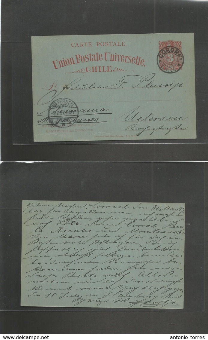 Chile - Stationery. 1897 (30 May) Coronel - Untersen, Germany (9 July) 3c Red / Bluish Stat Card, Depart Cds. Fine Villa - Chili