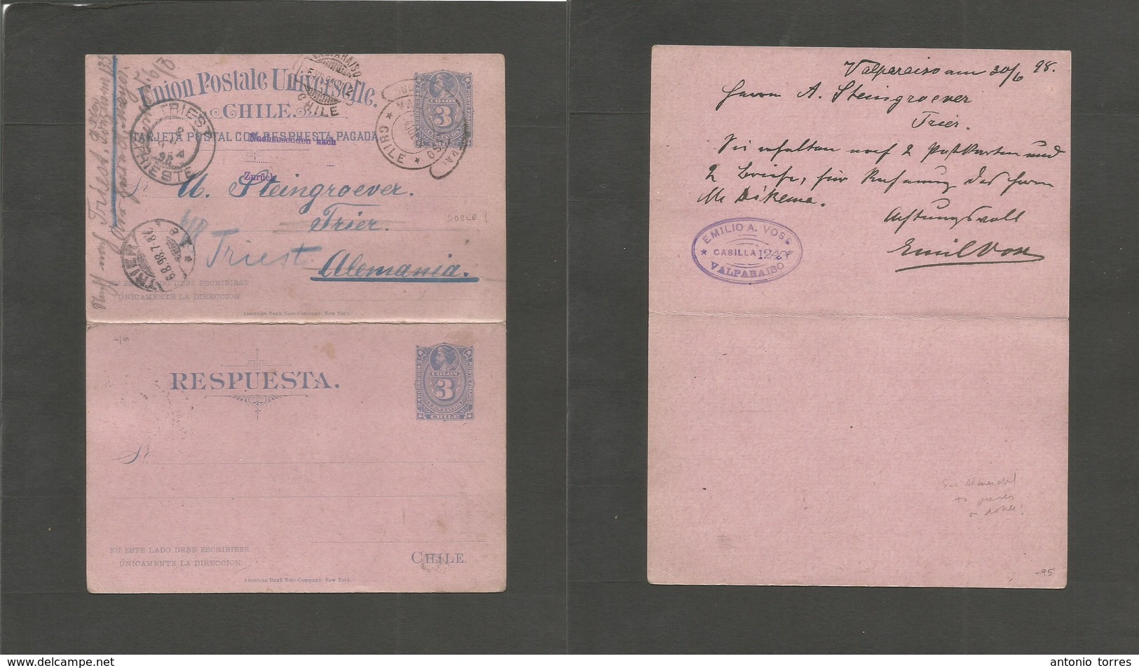 Chile - Stationery. 1898 (30 June) Valparaiso - Germany, Trier. Fwded Triest (8 Aug) 3c Blue / Pink Paper Do Stat Card O - Chili