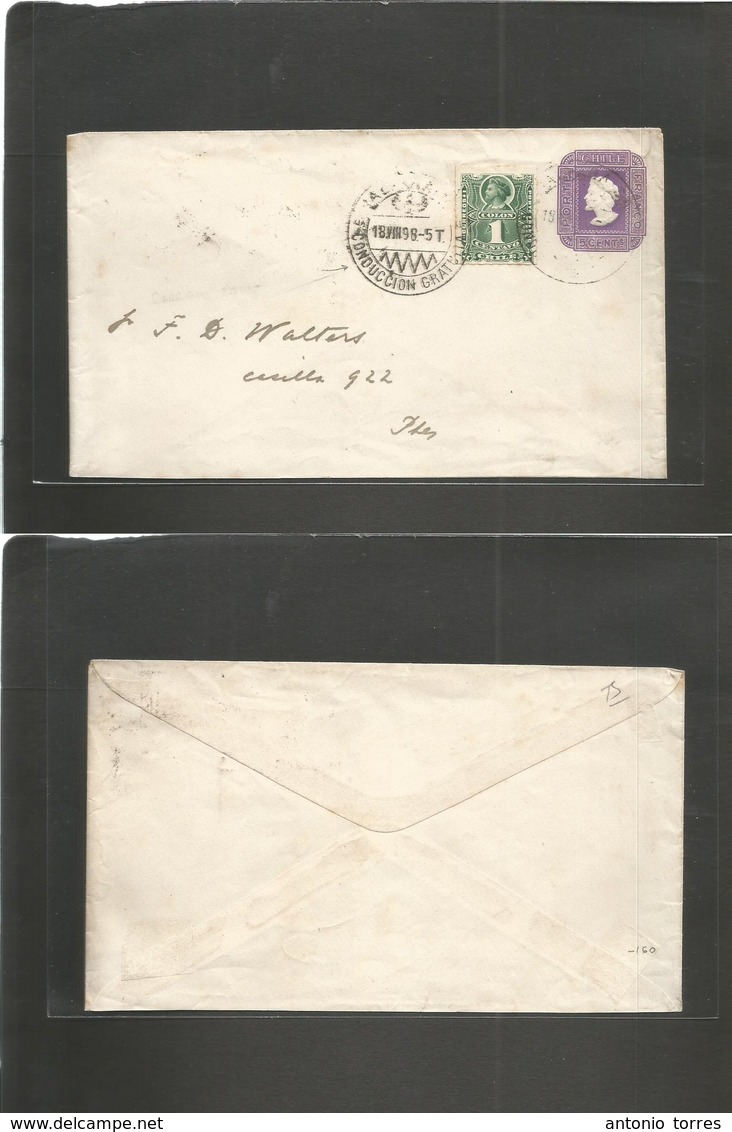 Chile - Stationery. 1898 (18 Aug) Valparaiso Local Usage. 5c Lilac / Cream Stat Envelope + 1c Green Adtl Perce, Tied "zi - Chili