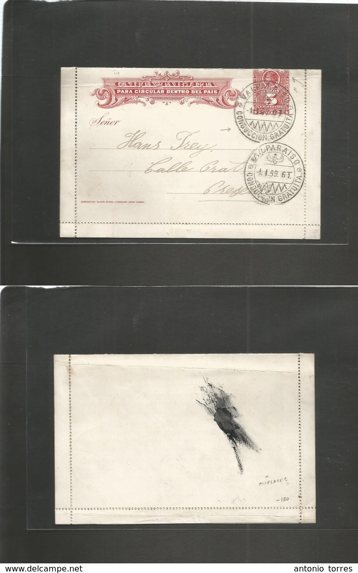 Chile - Stationery. 1899 (1 Jan) MISPLACED PRINT. Valparaiso Local Usage. 5c Red Stat Lettersheet, Better "zig-zag" Cond - Chili