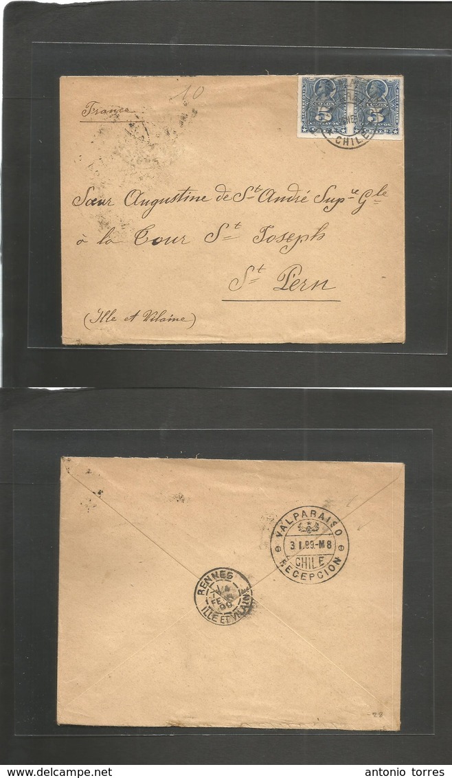 Chile. 1899 (3 Enero) Conduccion Gratuita Valparaiso - France, St. Pern (4 Feb) Fkd Env 5c Blue Perce Pair With Scarce O - Chili