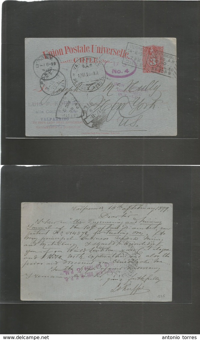 Chile - Stationery. 1899 (14 Febr) Valp - USA, NY (16 March) 3c Red Bluish Stat Card "REZAGOS (rebuts)" Winged Wheel Cac - Chili