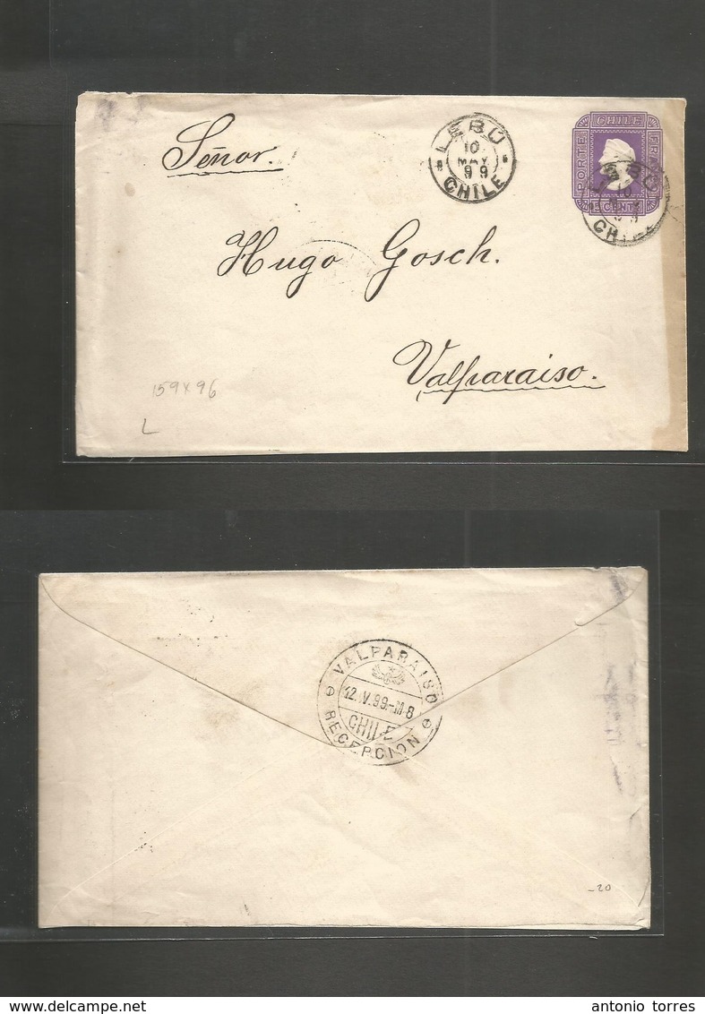 Chile - Stationery. 1899 (10 May) Lebu - Valp (12 May) 5c Lilac Stat Env 159x96mm. Paper No Lines. Reverse Cds With Whee - Chili