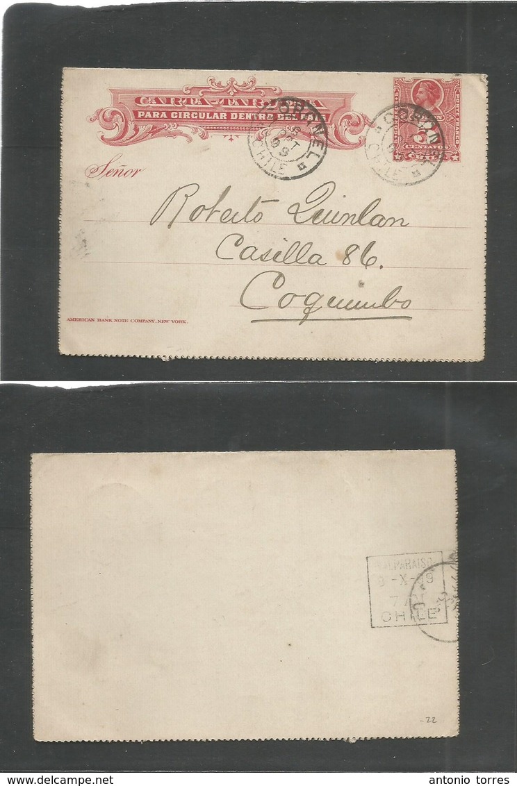 Chile - Stationery. 1899 (6 Oct) Coronel - Coquimbo. 5c Red Stat Lettersheet. Colon General Issue. Carta - Tarjeta. Fine - Chili