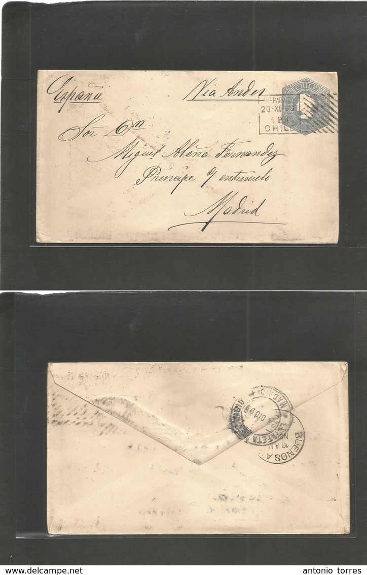 Chile - Stationery. 1899 (20 Nov) Valp - Spain, Madrid (22-23 Dic) 10c Grey-blue/cream Stat Env. Via Andes. Fine + Dest  - Chili