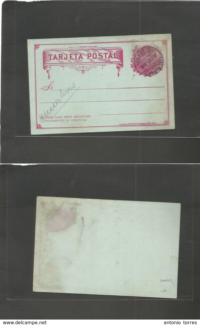 Chile - Stationery. 1900 (26 Oct) 2c Red / Bluish Stationery Card. Specimen Precancel Type With The Rare "COLIS*EXP* / V - Chile