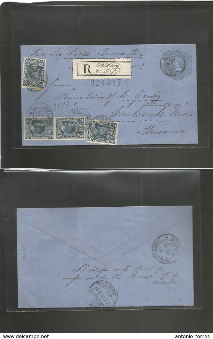 Chile - Stationery. 1900 (27 Oct) Valdivia - Germany, Carlsruhe (12 Dic) Registered 10c Bluish / Bluish Colon Stat Env + - Chili