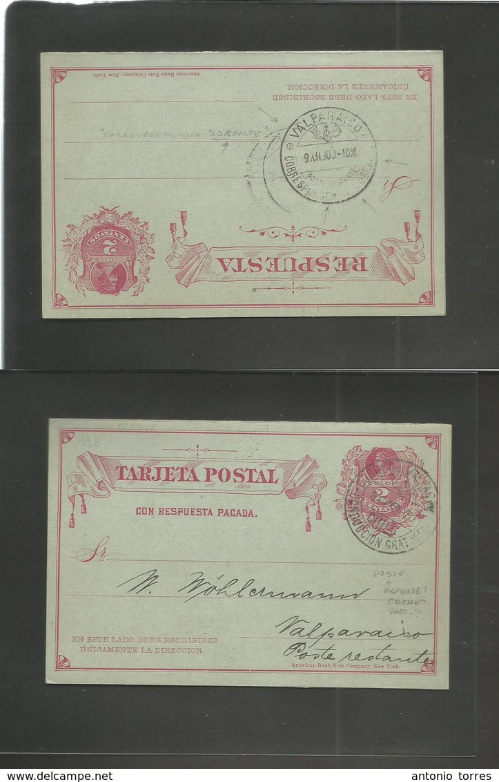 Chile - Stationery. 1900 (8 Dec) CORRESPONDENCIA SOBRANTE Cachet. Valp Local Usage. Doble 2c Red Stat Card. Very Rare Ca - Chili