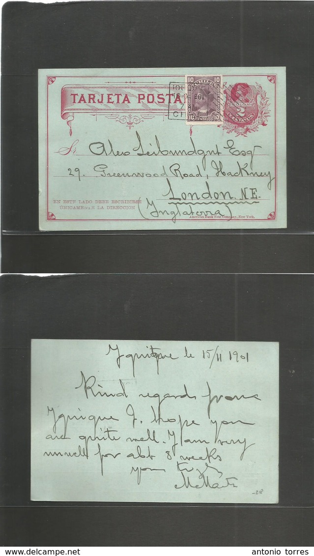 Chile - Stationery. 1901 (15 Nov) Iquique - England, London. 2c Red / Bluish Stat Card + 10c Lilac Large Colon Issue Adt - Chili