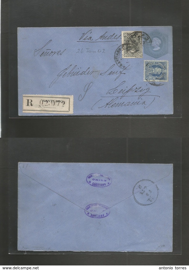 Chile - Stationery. 1902 (16 Jan) Santiago - Leipzig, Germany (4 March) Registered 10c Grey / Bluish Stat Env + 20c Blac - Chili