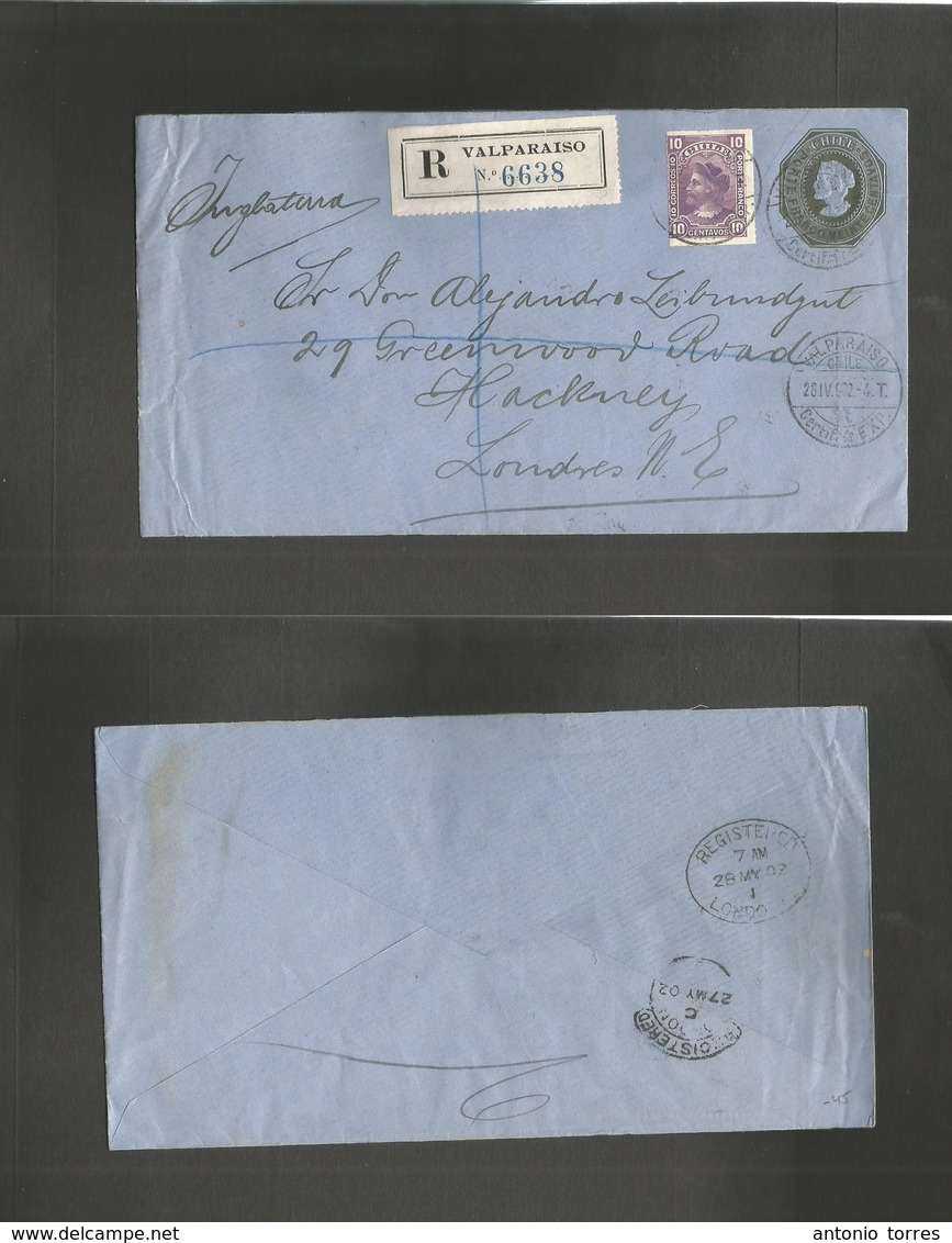 Chile - Stationery. 1902 (28 Apr) Valp - UK, London (27-28 May) Registered 20c Dark Green / Bluish Paper Stat Env + 10c  - Chili