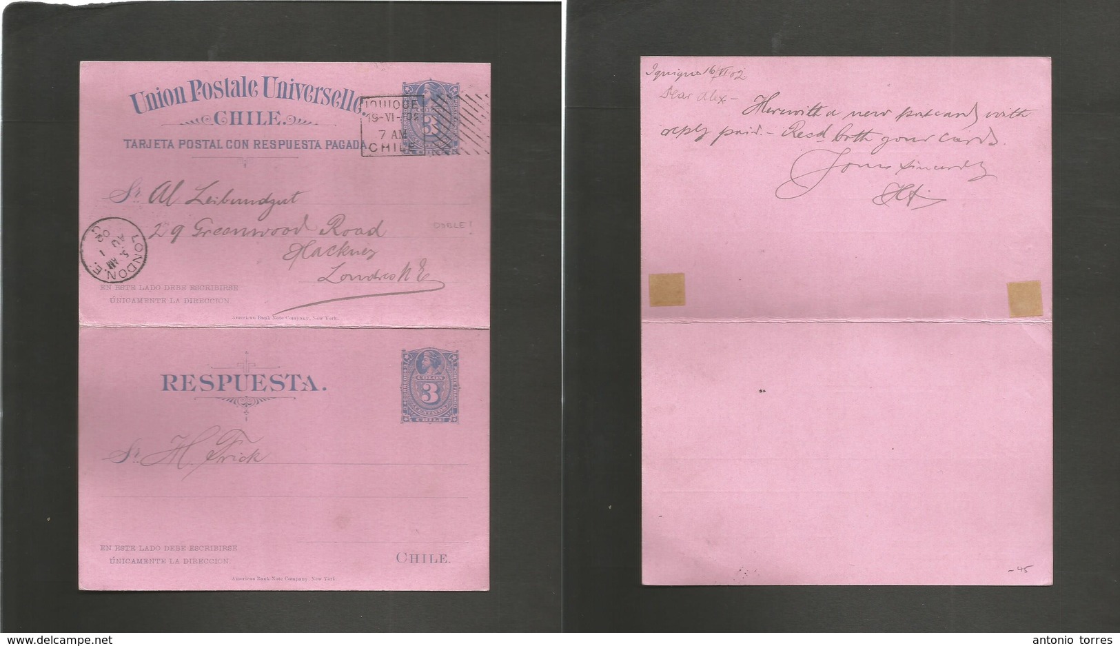 Chile - Stationery. 1902 (19 June) Iquique - UK, London (1 Aug) 3 Ct Blue / Pinkish Stat Doble Card. Used On Way Out. VF - Chili