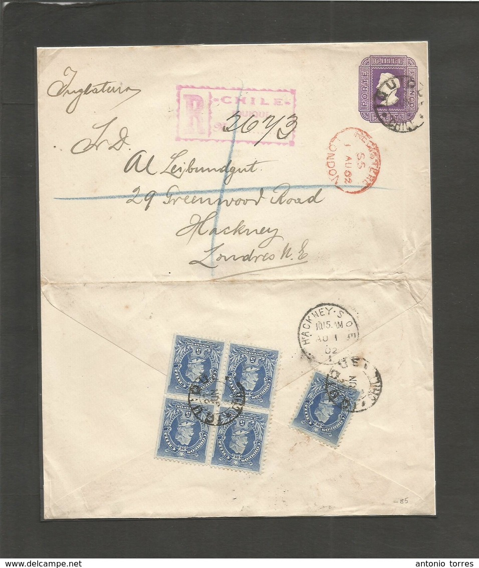 Chile - Stationery. 1902 (27 June) Iquique - UK, London, Hackney (Aug 1) Registered 5c Lilac Stat Env + 5c Blue (x5) Inc - Chili