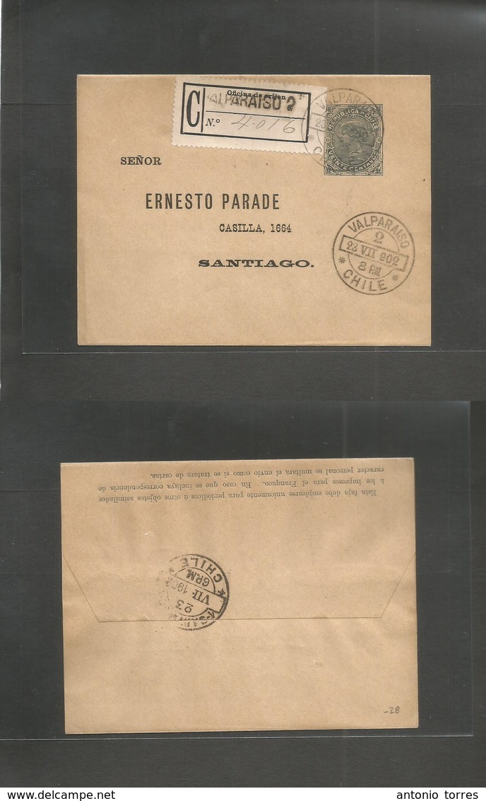 Chile - Stationery. 1902 (23 July) Valp - Santiago (23 July) Local 20c Registered Wrapper, Tied Valp-2 R-label With Arri - Chile