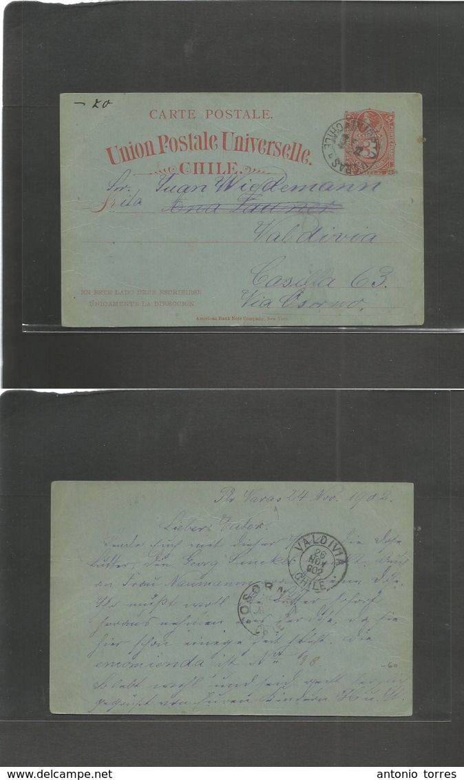 Chile - Stationery. 1902 (24 Nov) Puerto Varas - Valdivia (26 Nov) Via Osorno. 3c Red / Bluish Stat Card. Very Rare Depa - Chili