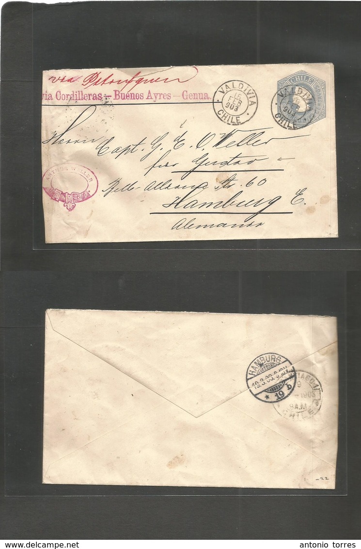 Chile - Stationery. 1903 (16 Feb) Valdivia - Germany, Hamburg (19 March) 10c Bluish / Cream Paper Stat Env Via Cordiller - Chili