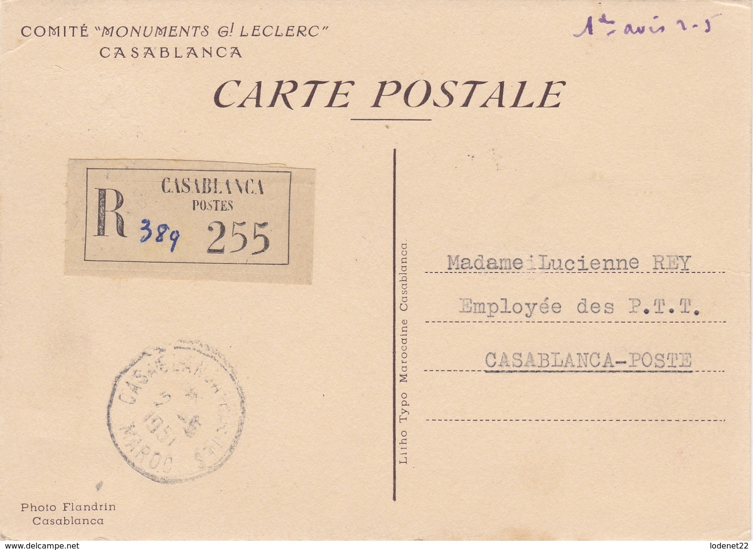 MAROC  Carte Maximum  Inauguration Du Monument Leclerc  Avr. 1951 (en Recommandé) - Lettres & Documents