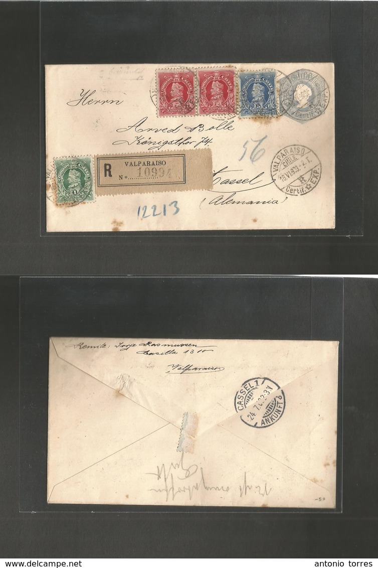 Chile - Stationery. 1903 (18 June) Valp - German, Cassel (24 July) Registered 10c Bluish-grey / White Paper Stat Env + 4 - Chili