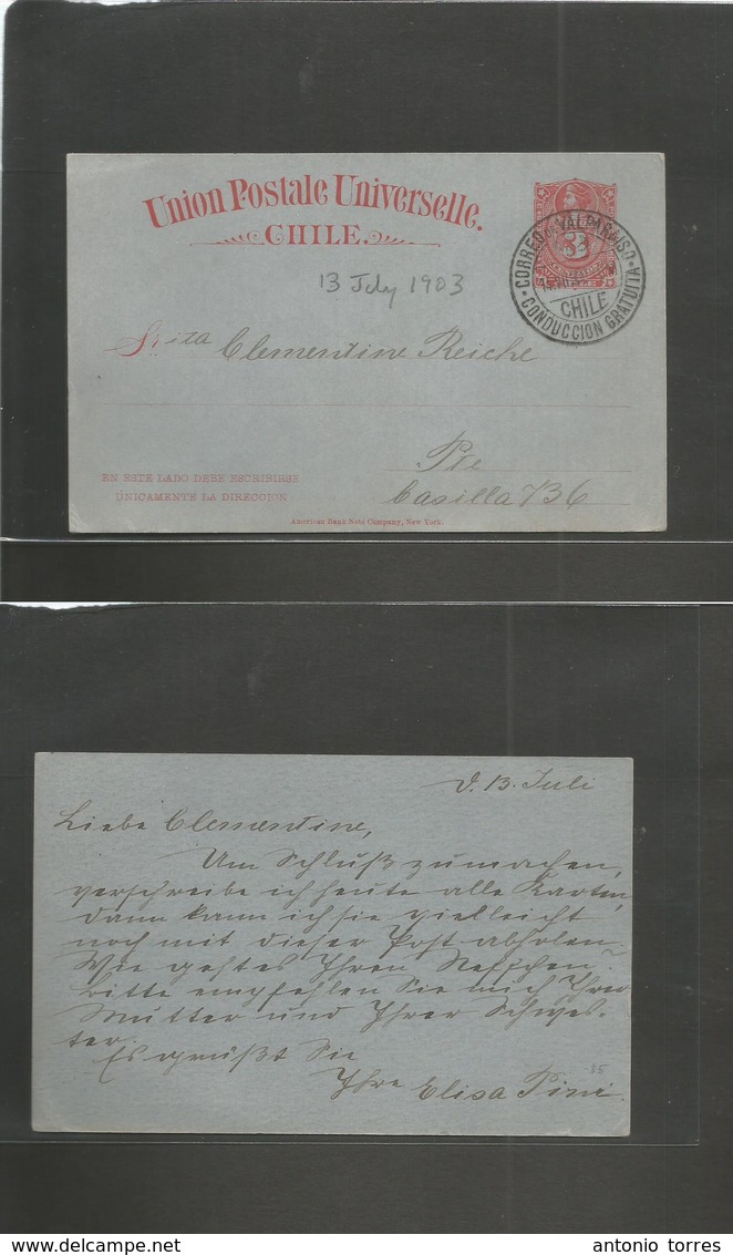 Chile - Stationery. 1903 (14 July) Valparaiso Local Usage. 3c Red/bluish Stat Card, "conduccion Gratuita" Cds. XF. Scarc - Chili