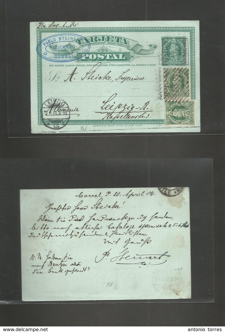 Chile - Stationery. 1904 (20 April) Corral - Germany, Leipzig (7 June) 1c Green. Colon Issue Stat Card + 2 Adtls, Cancel - Chili