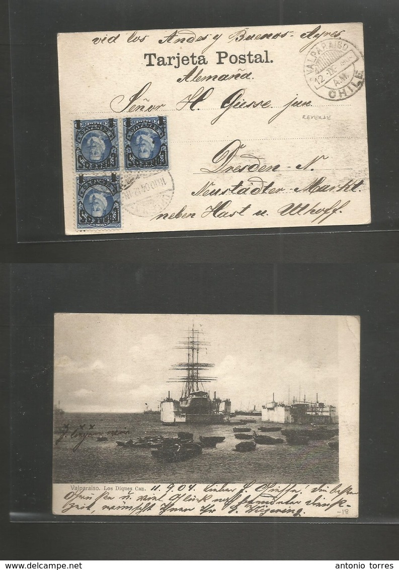 Chile - Xx. 1904 (12 Sept) Valp - Germany, Dresden (18 Oct) Early Ppc Balboa Ovptd 1c Blue (x3) Cds. Fine. - Chili