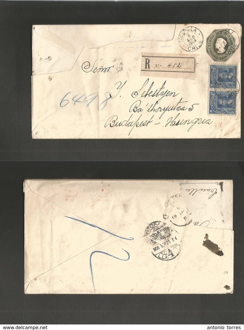 Chile - Stationery. 1906 (6 Aug) Tocopilla - Hungary, Budapest (21 Sept 1906) Registered 20c Dark Green Stat Env + 2 Adt - Chili