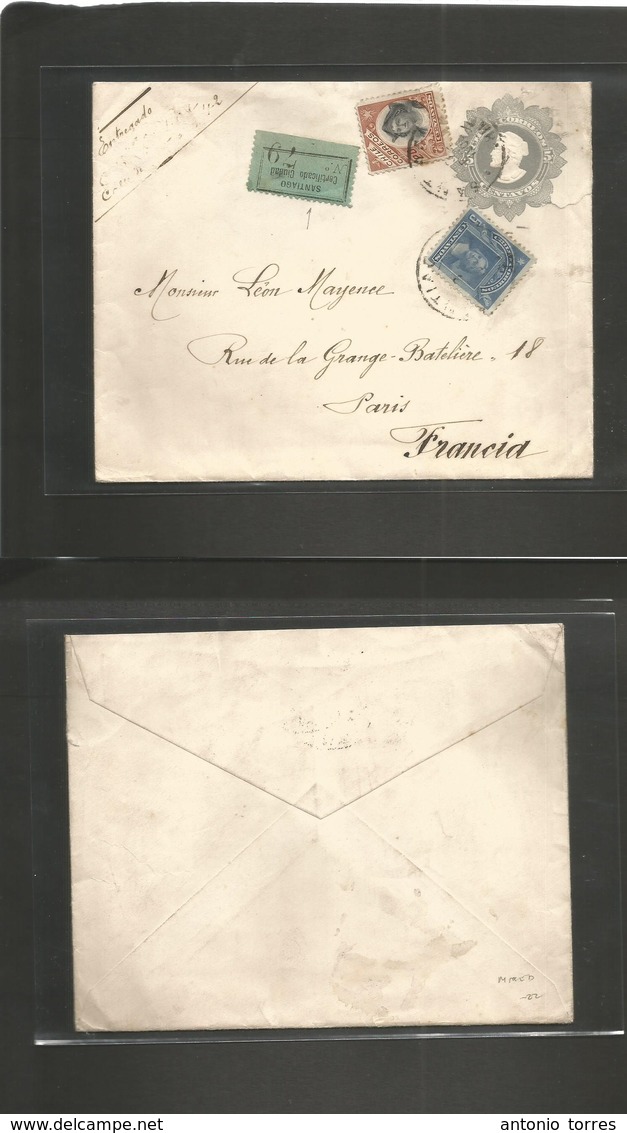 Chile - Stationery. 1908 (3 Enero) Santiago - France, Paris. Register 5c Grey Stat Envelope + 2 Adtls, Tied Cds + Blue R - Chili
