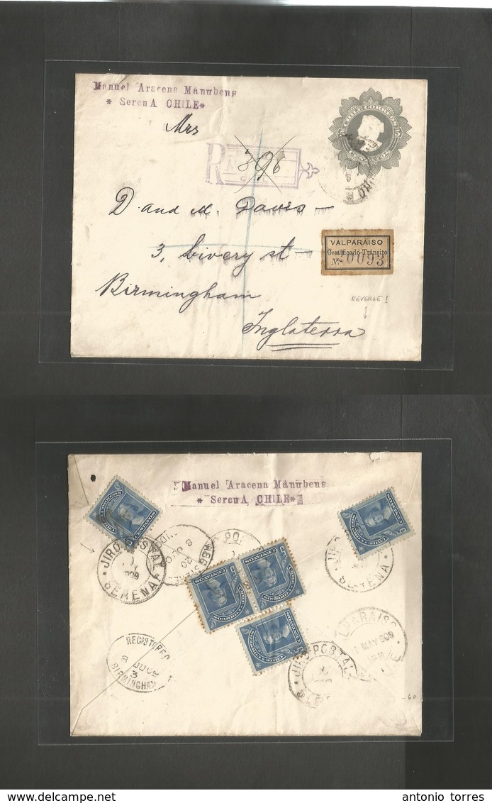 Chile - Stationery. 1909 (9 May) Serena - UK, Birmingham (8 June) Registered 5c Grey Stat Env + 5 Adtls 5c Blue Tied Cds - Chili
