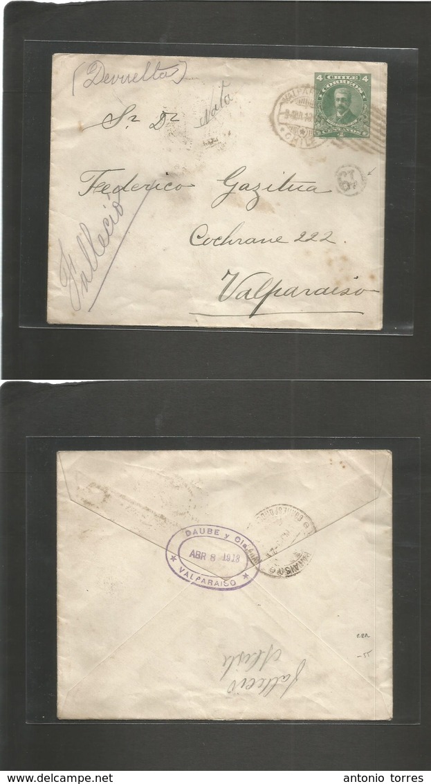 Chile - Stationery. 1910 (8 Apr) Valp Local Usage. 4c Green Stat Env With "fallecio" Mns + "19" Special Cartero Cachet.  - Chili