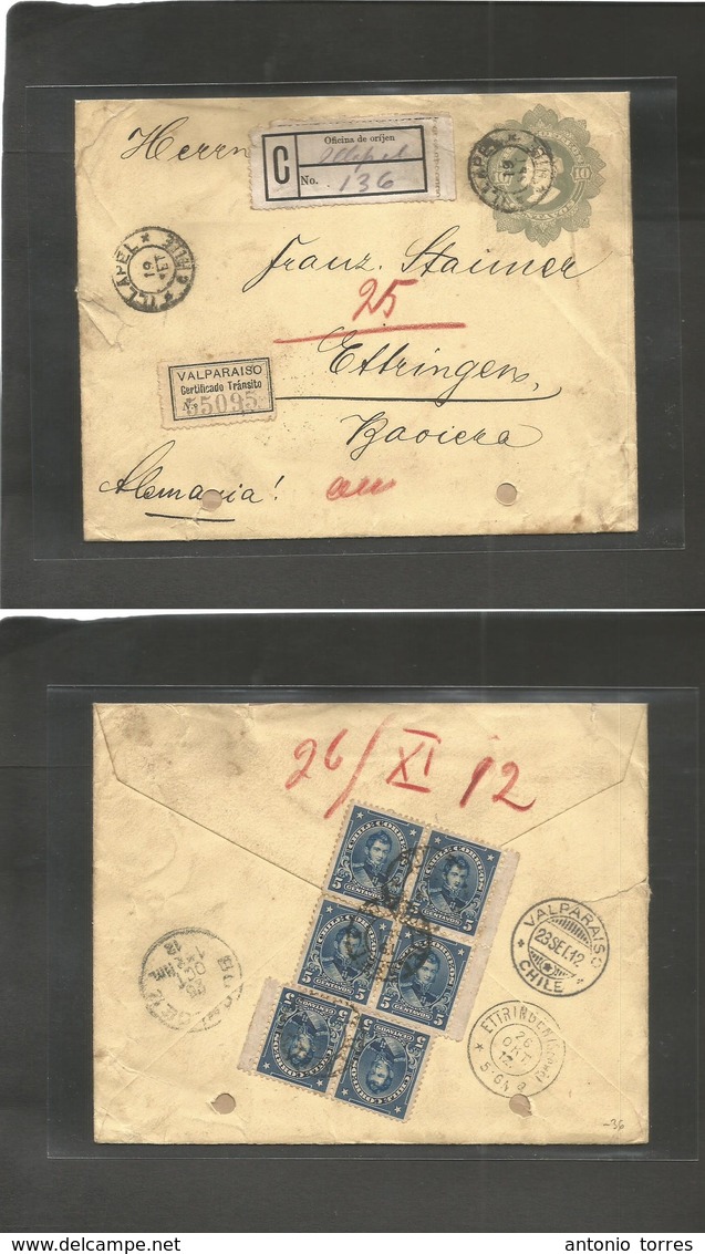 Chile - Xx. 1912 (Sept 19) Illapel - Germany, Ettringen (26 Oct) Registered 10c Grey + 6 Adtls Reverse Tied Cds 5c Blue  - Chili