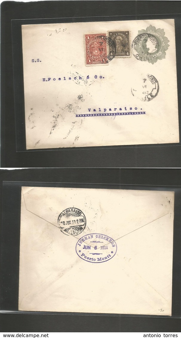 Chile - Stationery. 1913 (7 June) Puerto Mont - Valp (10 June) 5c Grey St + 2 Adlt Incl 1c Fiscal Provisional Tied Cds.  - Chili