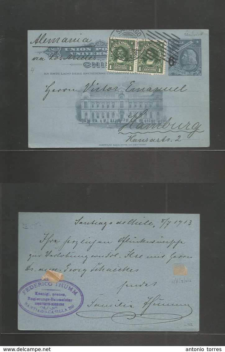 Chile - Stationery. 1913 (8 July) Santiago - Germany, Hamburg. 6c/3c. Blue Grey Stat Card + 2 Adtls, Rolling Cachet. Fin - Chili