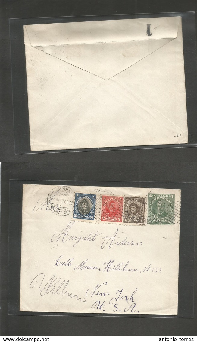 Chile - Stationery. 1917 (23 May) Valp - USA, NY. 4c Green Stat Env + 3 Adtls, Reverse "1" (xxx/RR) Of Depart Neighbourh - Chili
