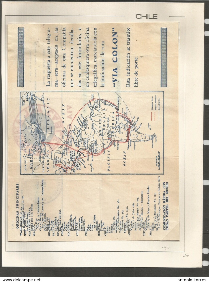 Chile - Xx. 1921. Telegraph / Telegram Via Cable. Formular With S. America Color Map With Links And Routes Of The Servic - Chili