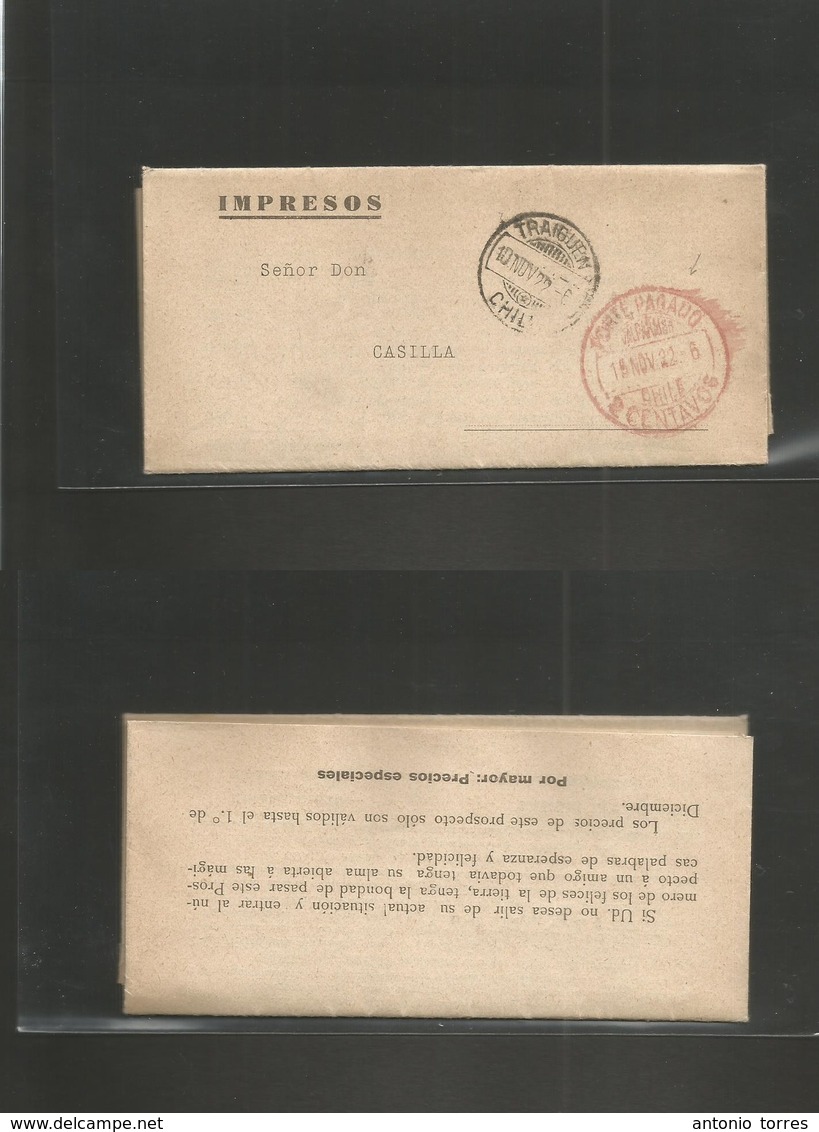 Chile - Xx. 1922 (10 Nov) Traiguen - Valp. Impress With Contains. Red " Porte Pagado / 2 Centavos" (xx) Fine Scarce Comp - Chili