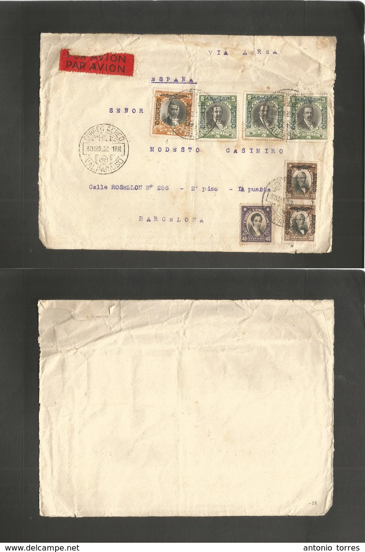 Chile - Xx. 1930 (30 Abr) Valp - Barcelona, Spain. Air Multifkd Front Incl 10 Peso Air Stamp Rate 26 Pesos + Dest. - Chile