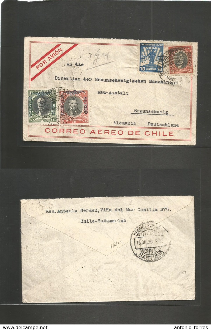 Chile - Xx. 1930 (15 Dec) Viña Del Mar - Germany, Braunchweig. Air Multifkd Envelope + Salitre Stamp. Fine + Village Ori - Cile