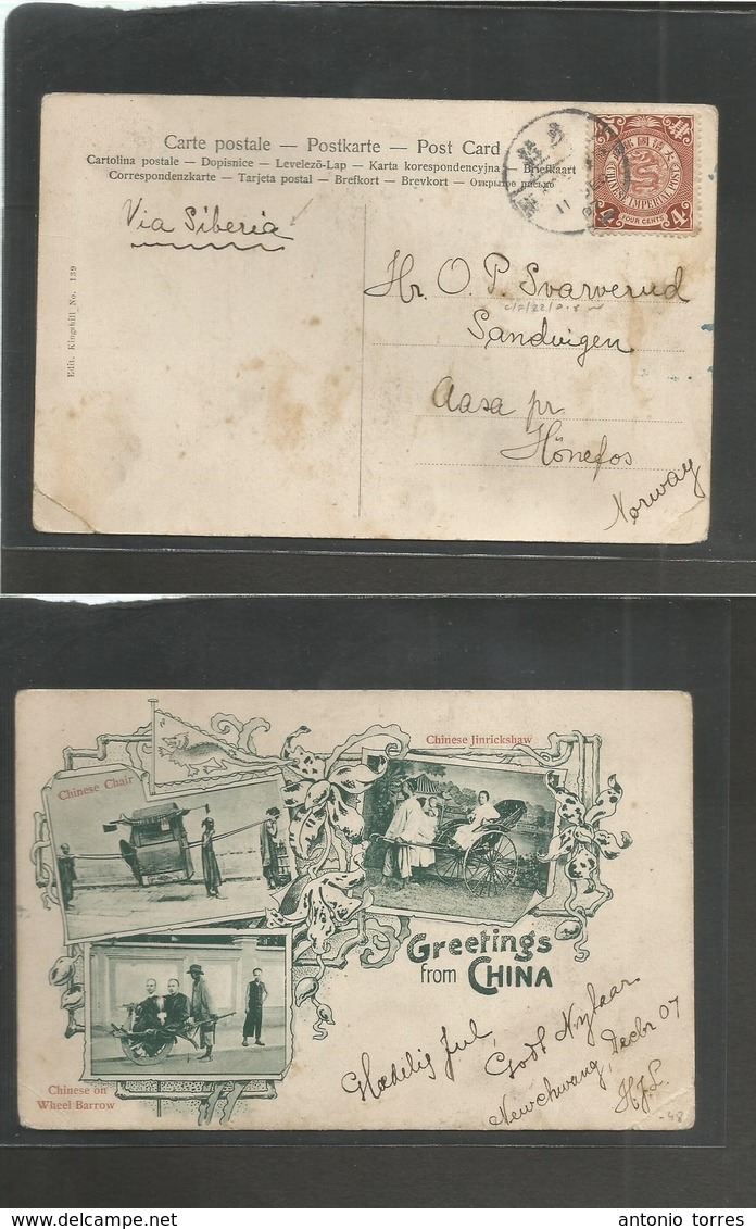 China - Xx. 1907 (11 Dec) Newchwang - Norway, Honefos. Fkd Gauss Aus Ppc 4c Brown, Tied Bilingual Cachet. Endorssed Via  - Autres & Non Classés